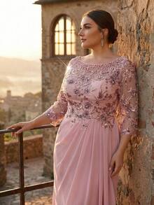 Aureia Plus Size Elegant Romantic Round Neck Sheer 3/4 Sleeve Waist Applique Ruffle Hem Luxurious Embroidered Patchwork Chiffon Suitable For Wedding Party Celebration Formal Dinner Bride Mother Dress - Champagne - View 4