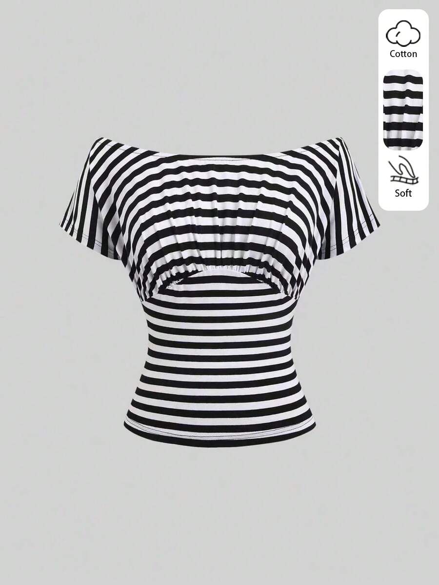 Sweetra Black & White Striped Versatile Off Shoulder Elastic Design Soft & Slimming Women's Summer T-Shirt - Black and White - View 1