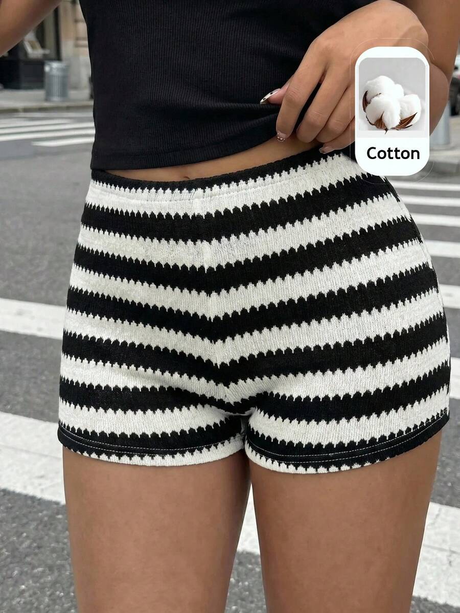 SHEIN Tween Girls' Knit Striped Lounge Shorts - Black and White - View 1