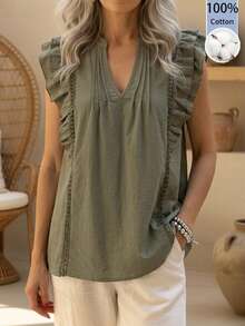 Balvessa Linen Military Green Top With Lace Patchwork, Flutter Sleeves And Ruffle Hem, Casual Elegant Commuter Blouse For Spring/Summer, Granny Style - Army Green - View 3
