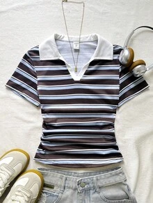 青少年女孩條紋 Polo 衫女款短袖 T-shirt - 藍/棕/白 夏季女款度假上衣街頭風音樂節返校季 - 棕色 - 查看 6