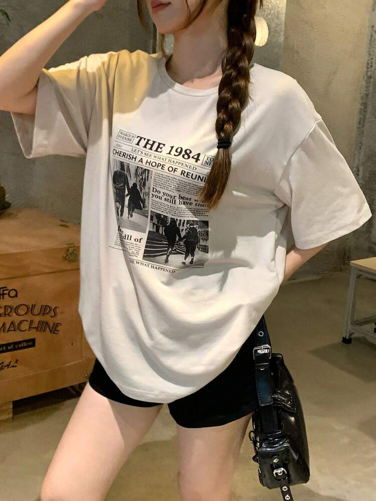 Teen Girls Casual Loose Fashionable Versatile Short Sleeve Printed T-Shirt, Popular Style Summer