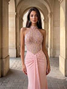 Firerie Elegant, Glamorous, And A Mermaid Skirt With Flowing Ribbons.. Party. Pink Dress For Wedding Season And Back-To-School Season - Pink - View 6