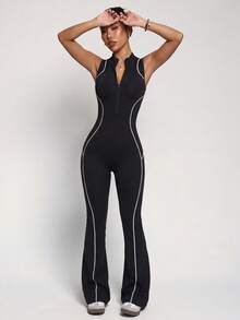 Dewbera Dewbera Women's Striped Zipper Half-Placket Slim Fit Flared Athletic Jumpsuit - Black - View 5