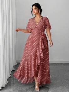 SHEIN Unity Vestido envolvente de lunares talla grande con cintura anudada, volantes en el bajo y abertura lateral - Rosa vieja - Ver 3