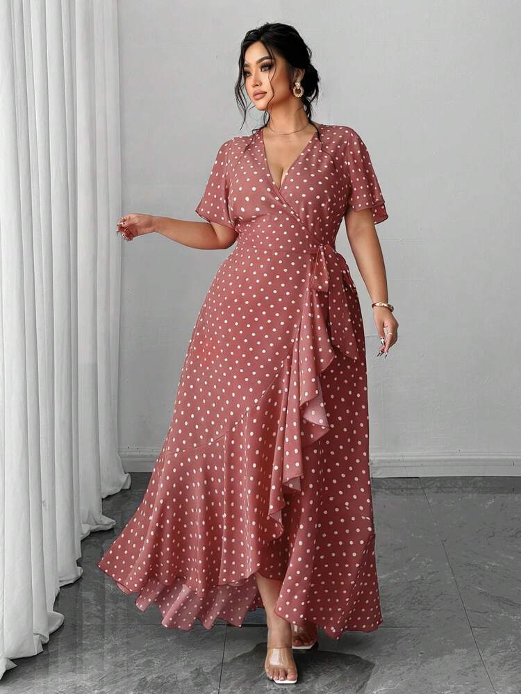 polka dot wrap dress Ruffle Dress, Black and White Assymetric Dots, Flirty, Summer Spring Fall Size S/ EU 36/ US 4/ UK 8, Ti.nyu 128cm/50.3 This Yours London Curve Chocolate Brown Pink Polka Dot Wrap Dress is designed for women and curves Polka Dot Dress long Black