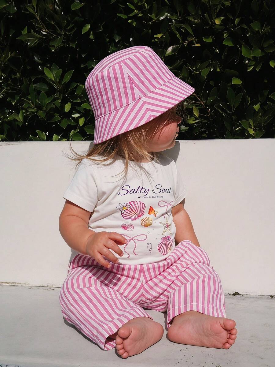 SHEIN Baby Girl Bow Shell Print T-Shirt And Striped Pants Set - Multicolor - View 1