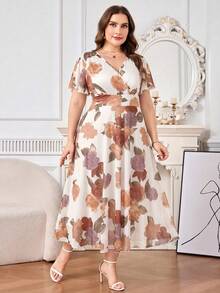 Reflora Plus Size Women Floral Print Short Sleeve Elegant Dress - White - View 4