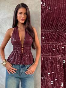 Aloruh Young Hot Girl Halter Neck Tie-Up Backless Patchwork Sequin Deep Purple Red Women's Tank Top - Burgundy - View 8