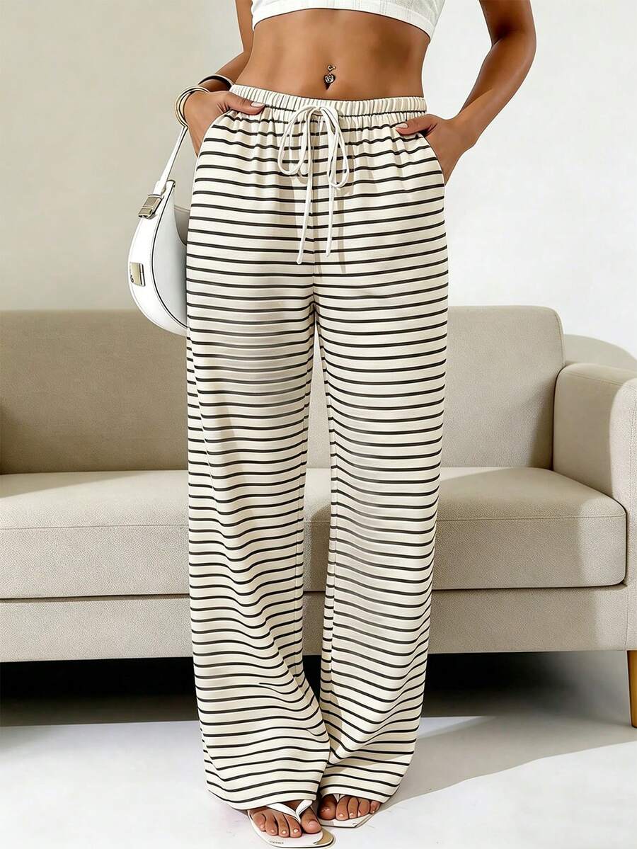 EMERY ROSE Women's Casual Vacation Daily Commute Color Block Striped Print Tie Waist Elastic Waist Loose Wide Leg Long Pants - Multicolor - View 1