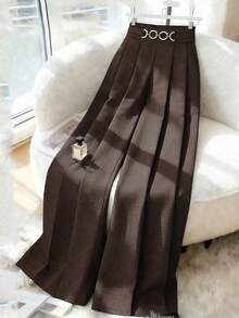 Elenzga New Women's High Waist Side Zipper Decor Button Design Wide Leg Pants, Elegant Casual Daily Wear, Spring/Autumn - Brown - View 4