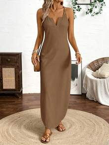 Breezaya Vertical Striped Multi-Colored Spaghetti Strap Dress Maxi Women Outfit - Coffee - View 5