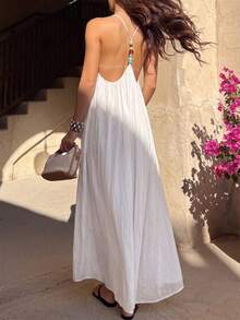 SHEIN Holidaya Women's Backless Pearl Design Spaghetti Strap White Summer Dress, Boho Tropical Holiday Vacation, Elegant Casual Resort Wear Beach Vacation Clothing - White - View 5