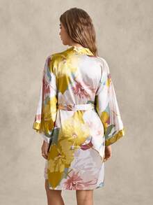 EverLounge Floral Print Drop Shoulder Belted Satin Robe Without Lingerie Luxe Loungewear, Fall, Winter - Multicolor - View 2