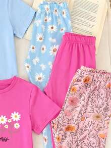 2pcs/Set Girls' Casual Chic Bowknot Leopard Print Pattern T-Shirt And Leggings Outfit, Comfortable Daily Wear For Spring, Summer And Autumn - Multicolor - View 4