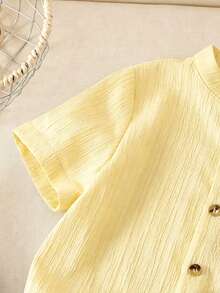 SHEIN 男童夏季休闲前扣纹理短袖衬衫 - 黃色 - 查看 4