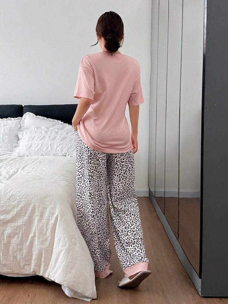 2pcs Lace Patchwork Loose Cardigan Top And Leopard Print Trim Pajama Pants Sleepwear Set For Women