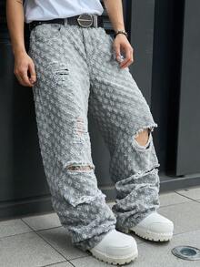 Manfinity EMRG Men's Casual Distressed Crochet Denim Jeans, Retro Gray Streetwear - Grey - View 8