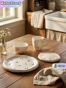 Cirelle 1Pc/3Pcs Ceramic Cup & Saucer Set, High-Temp Glazed Ceramic With Hand-Painted Cherry Prints, Heat & Cold Resistant For Holding Coffee And Tea, Ornamental Table Piece For Household Afternoon Tea And Indoor Counter Display. - Multicolor - View 6
