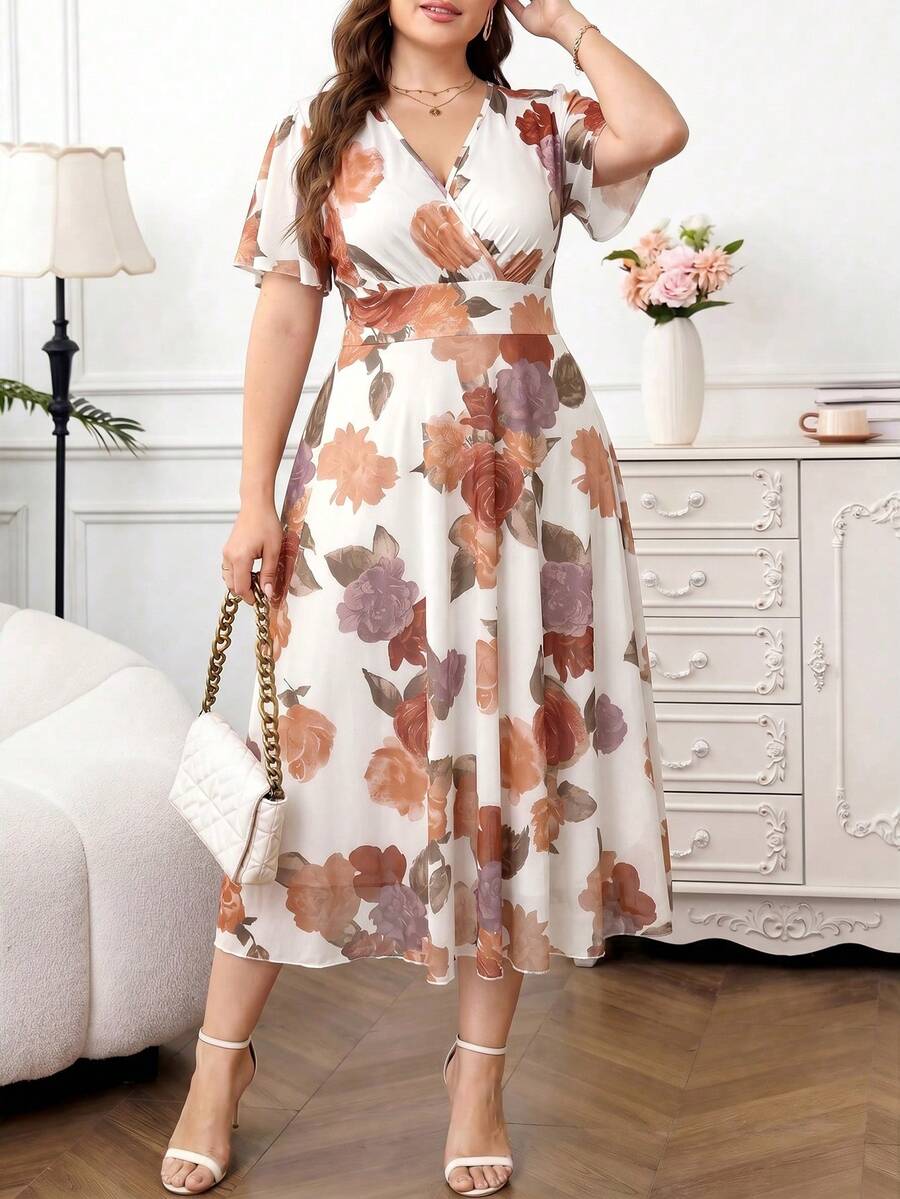 Reflora Plus Size Women Floral Print Short Sleeve Elegant Dress - White - View 1