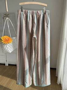 Comfortcana Pantalones casuales cómodos de talla grande con cintura de cordón, textura de rayas de algodón y lino - Azul - Ver 2