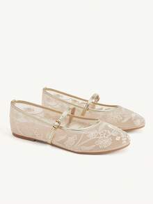 CUCCOO CHICEST 女款金色網格縫線刺繡時尚度假沙灘優雅平底鞋 - 金色 - 查看 2