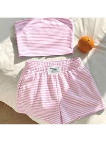 Comfortcana Bộ trang phục thường ngày tối giản, đa năng, phù hợp dự tiệc, sân bay, màu hồng trắng sọc với logo trên cạp quần, trang phục nghỉ dưỡng, đi biển, trang phục mùa hè cho nữ, áo ống và quần short 2 mảnh dành cho nữ. - Nhiều màu - Xem 3