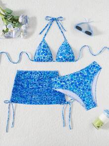 Swim Vcay 3件組女款性感豹紋掛脖三角比基尼上衣、網紗綁帶側開衩圍裙泳褲，適合夏季海灘度假泳裝 - 藍色 - 查看 4