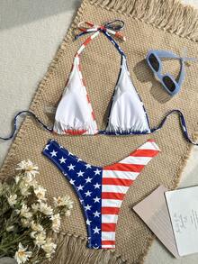 Swim Vcay Bộ bikini tắm nữ mùa hè đi biển, in cờ Mỹ, dây buộc cổ, phong cách gợi cảm - Nhiều màu - Xem 3