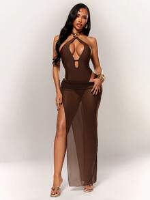 Radiana Conjunto de bikini marrón elegante y sexy para mujer, traje de baño de una pieza con decoración de anillo metálico y falda de malla transparente de 2 piezas, conjunto de bikini sexy, ropa de playa, conjunto de vacaciones, conjunto de cobertura de malla transparente, conjunto de cobertura de bikini sexy, conjunto de cobertura de traje de baño, conjunto de cobertura de playa, conjunto de vestido largo de playa, conjunto de traje de baño de vacaciones en isla, adecuado para playa, vacaciones, noche, fiesta, reunión, bar de playa, club náutico, look de vacaciones en isla, look sexy de playa, look de vacaciones, look de piscina - Marrón - Ver 5