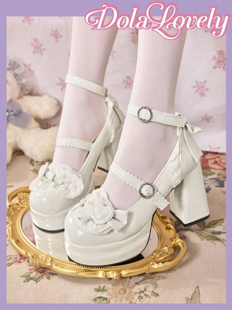 Dola Lovely 女款白色高跟瑪莉珍鞋 圓頭封口 厚底 Lolita 哥德風 蝴蝶結甜美 JK 鞋 - 白色+蕾絲 - 查看 1