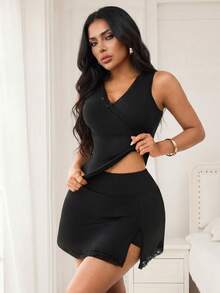 Slayform Slayform Women's Casual Sports Lace Patchwork Camisole & Mini Skirt Set - Black - View 8