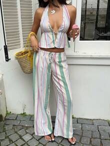 SHEIN EZwear Conjunto de 2 piezas de pantalones rectos estilizantes con diseño de rayas de colores y hebilla metálica en el cuello halter, para vacaciones de verano en la playa - Estilo casual chic americano - Multicolor - Ver 4