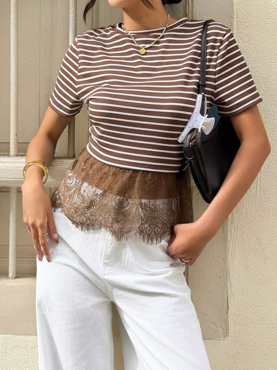 Serisse Áo thun nữ casual phối ren patchwork kẻ sọc, mùa hè - màu nâu - Xem 1