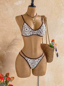 Soleia Conjunto de bikini calado con bordado para vacaciones en la playa - Marrón - Ver 4