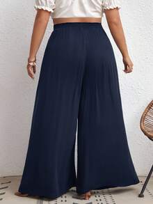 SHEIN CURVE+ 大尺碼高腰寬腿褲，附腰帶、側口袋、羅紋面料、黑色，適合度假、優雅休閒場合、基本搭配、夏季、海灘假期、波西米亞節慶波西米亞度假 - 藏蓝色 - 查看 2