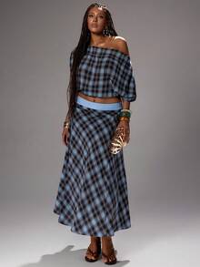 Rustia Plus Size Spring/Summer Plaid Asymmetric Neck Top And Slit Skirt 2-Piece Set - Blue - View 5
