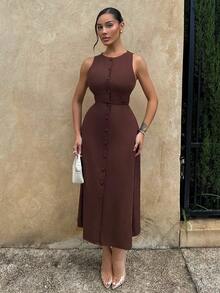 Shopreo Women's Round Neck, Single-Breasted, Sleeveless, Brown Dress Elegant Summer - Brown - View 3