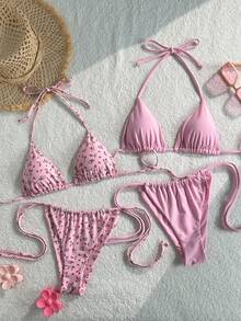 Swim Mod 1 pieza Bikini de mujer de 4 piezas separadas, triángulo rosa & estampado, sexy y casual para vacaciones - Multicolor - Ver 3