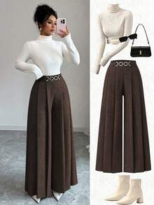 Elenzga New Women's High Waist Side Zipper Decor Button Design Wide Leg Pants, Elegant Casual Daily Wear, Spring/Autumn - Brown - View 3