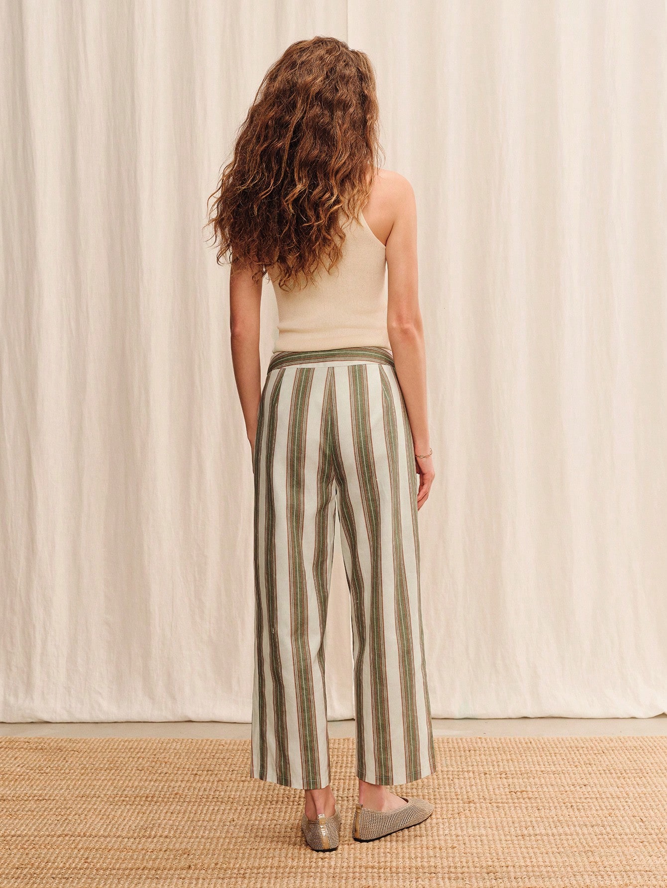 White And Brown Stripped Trousers Mid-Rise Waist Summer Work Holiday Office French Vinatge Style