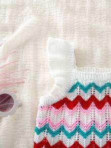SHEIN 2pcs Young Girl Knitted Striped Colorblock Ruffle Collar Casual Top And Shorts Set - Red - View 8