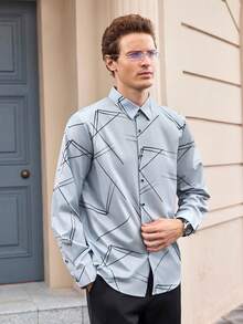Officeau Cămașă bărbătească elegantă cu imprimeu geometric, stil naveta, top cu mânecă lungă - Gri - Vizualizare 6