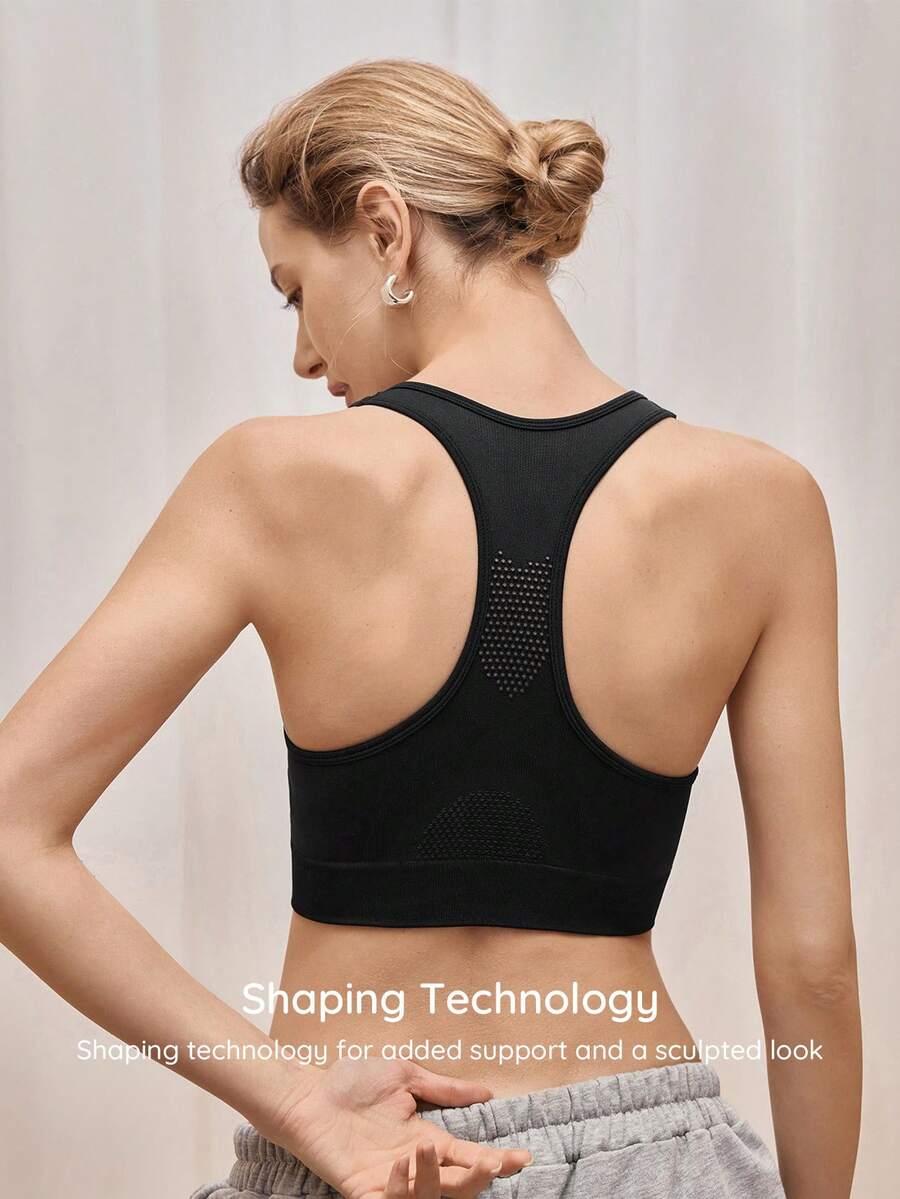 Bralution Women's Minimalist Solid Color Square Neck Sports Bra - Black - View 1