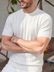 Manfinity Homme 男士白色羅紋針織上衣，夏季休閒短袖 Polo 衫，上班正式套頭針織上衣，時尚設計通勤款 - 白色 - 查看 5