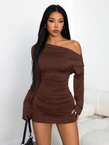 SHEIN PETITE 女款時尚性感純色不對稱領口迷你洋裝，適合嬌小女性 - 摩卡棕 - 查看 5