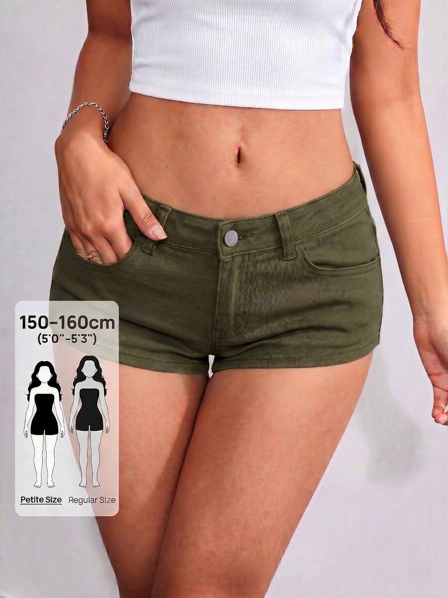 Jeanoix Petite شورتات جينز ضيقة كاجوال بجيوب للنساء بأسلوب Y2K - أخضر عسكري - مشاهدة 1