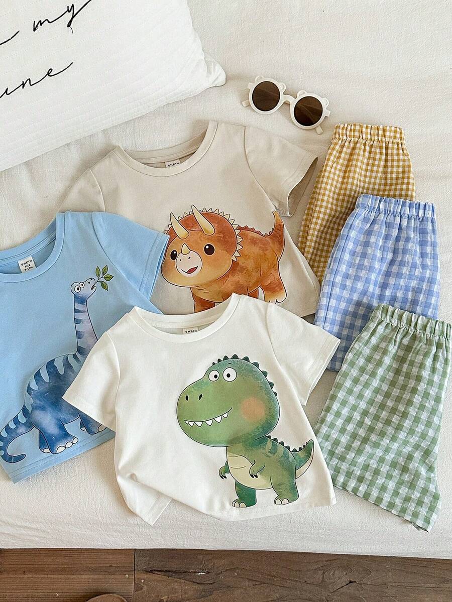 SHEIN 6pcs/Set Kids Summer Clothes Young Boy Casual White Cute Dinosaur Print Short Sleeve T-Shirt And Plaid Shorts Set,Family Matching Outdoor Play Outfit - Multicolor - View 1