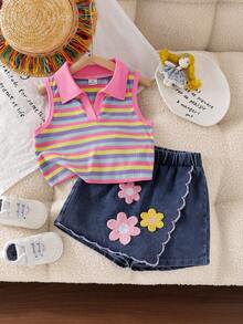 SHEIN Playful Pals 2件組少女夏季彩虹條紋紋理針織POLO領拼接背心上衣與牛仔裙褲，花卉刺繡，復古陽光可愛套裝 - 粉色 - 查看 4