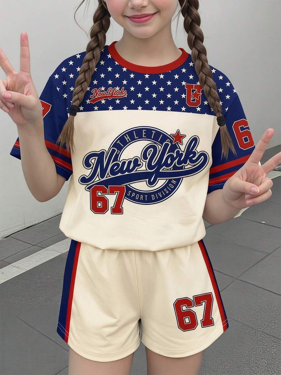 少女两件套撞色棒球风字母“纽约67”印花宽松T恤和修身裤套装,百搭实用,适合夏季穿着,个性化T恤短裤套装,春日气息,夏日氛围,春夏穿搭,轻松舒适,时尚少女套装,休闲装,花卉图案服装,春夏套装,新款,轻松休闲,春日夏日假期 - 彩色 - 查看 1